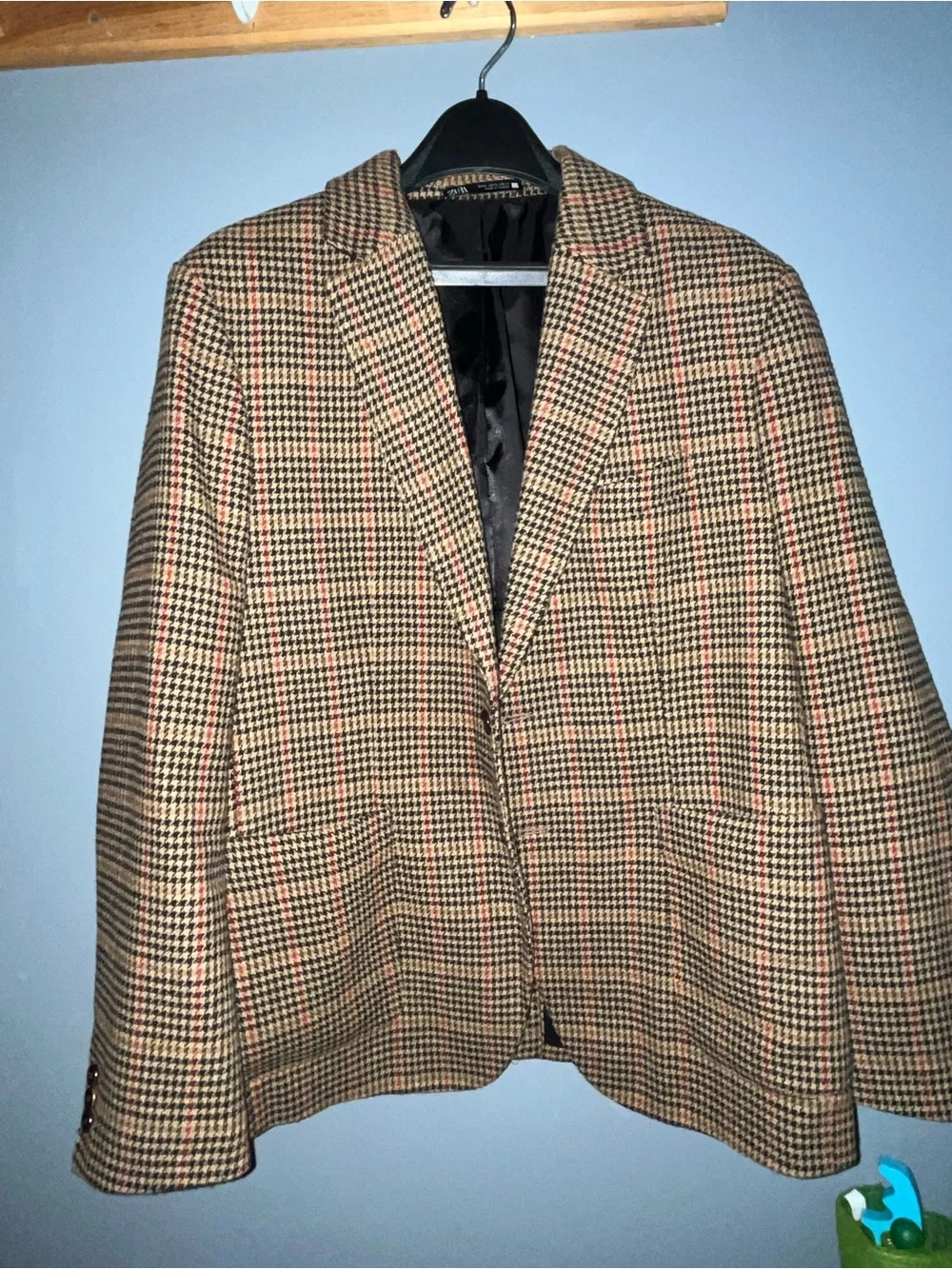 Zara Brown Houndstooth Blazer with Red Accent